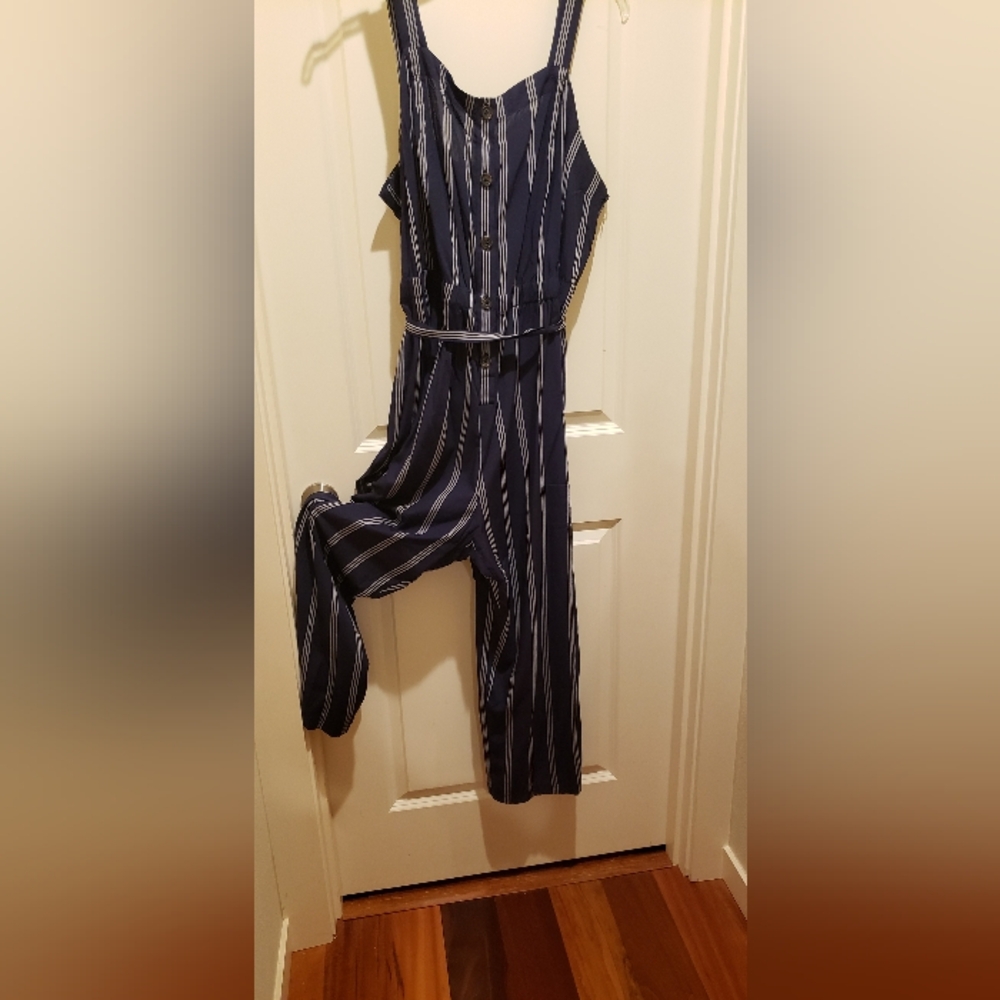 Ava & Viv Blue and White Womens Plus Striped Jumpsuit